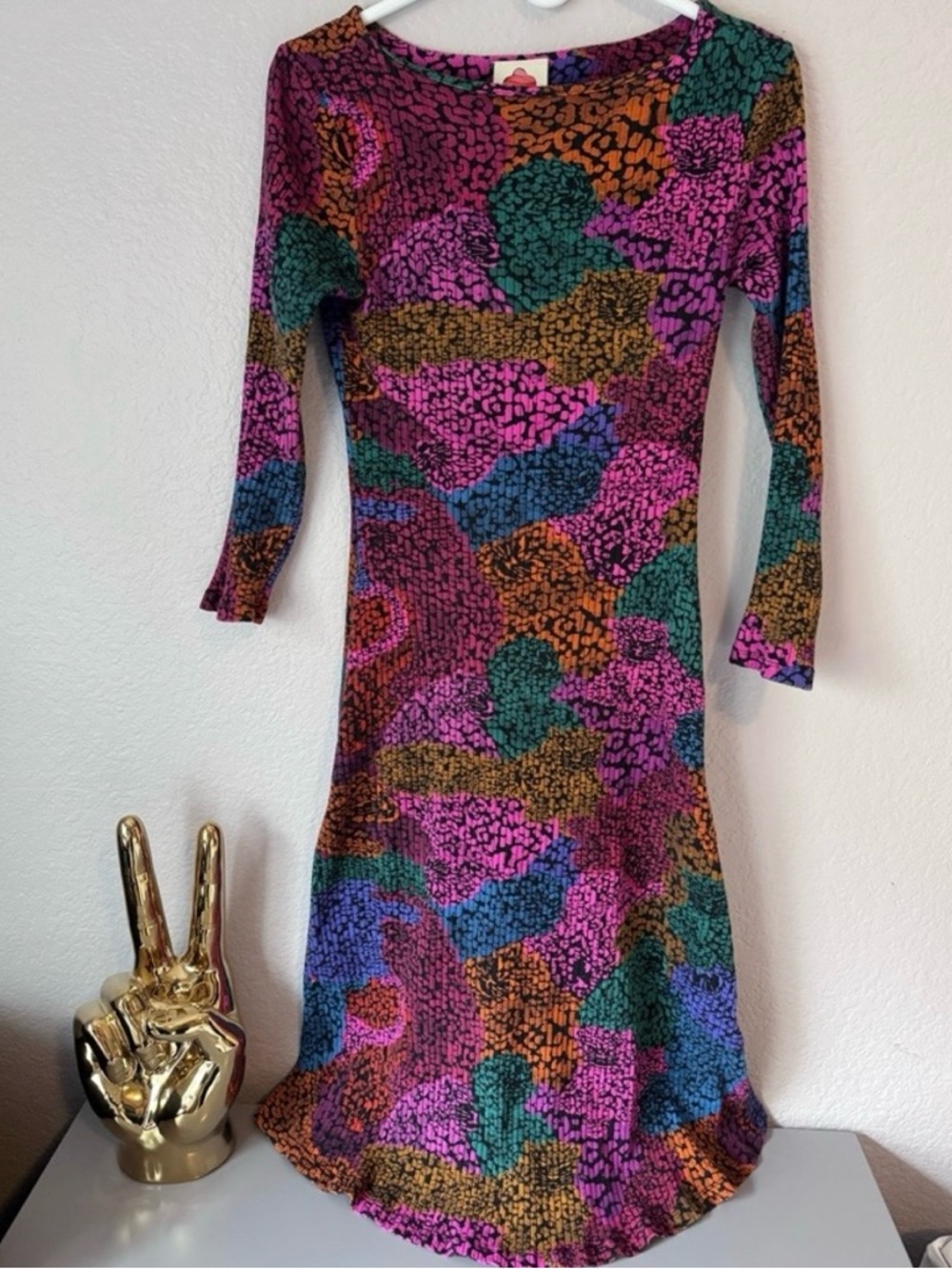 Farm Rio Colorful Abstract Cat Print Long Sleeve MIDI Women's Dress Medium